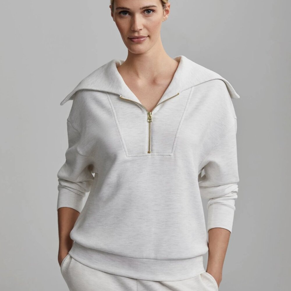Varley Yates Half-Zip panelled neckline Sweatshirt Ivory Marl Size L new with de